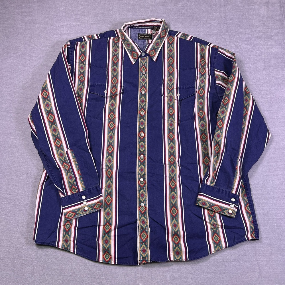 Vintage High Noon Mens Blue Aztec Flap Pockets Cowboy Western Shirt Size 2XL-TL